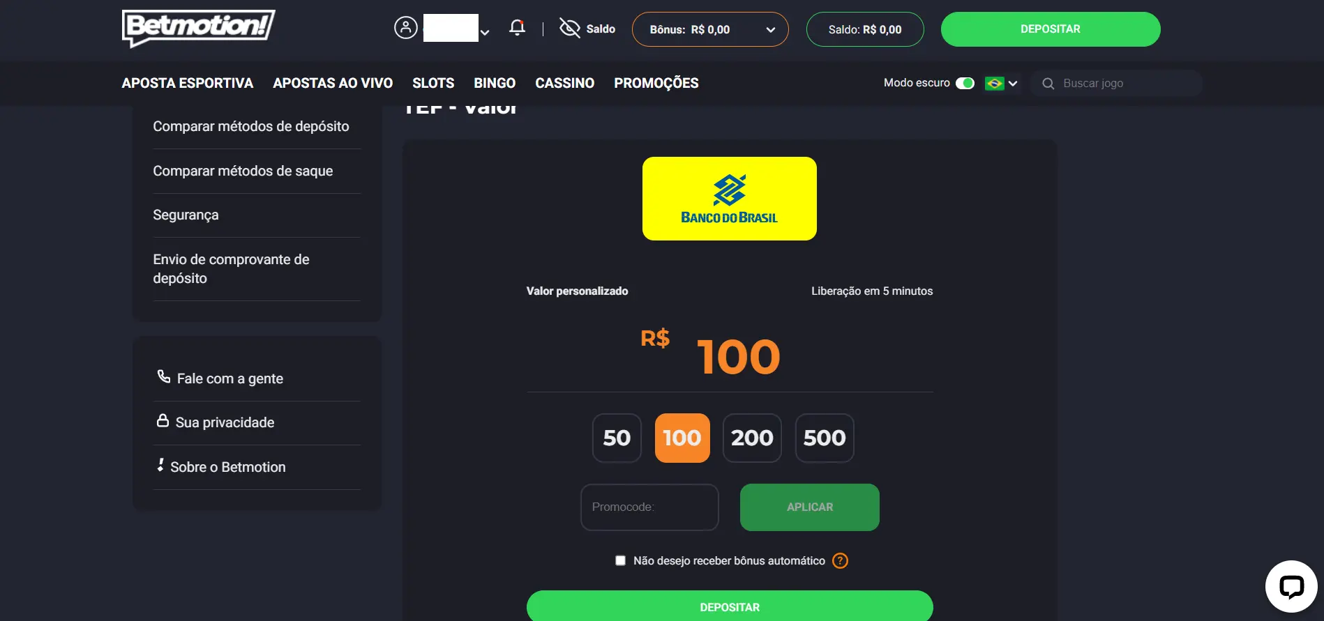 Depósitos com BB na Betmotion